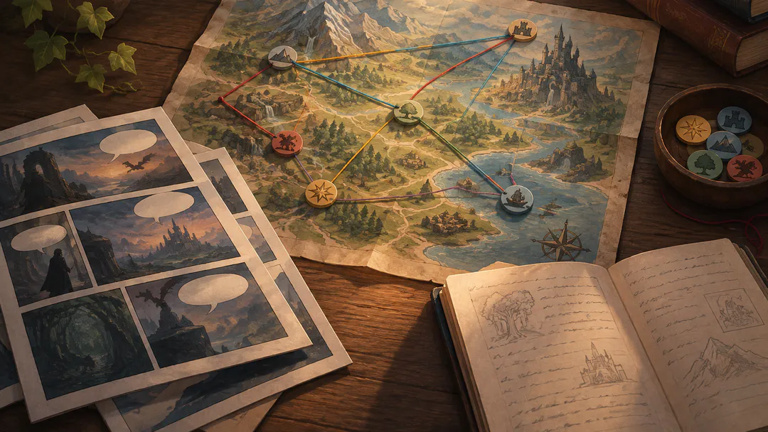 A fantasy map, comic panels and branching threads representing different ways to experience stories.