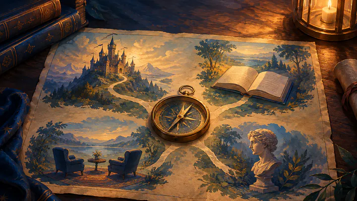 Une boussole sur une carte illustrée où quatre chemins mènent à un château, un livre ouvert, deux fauteuils et un buste sculpté.