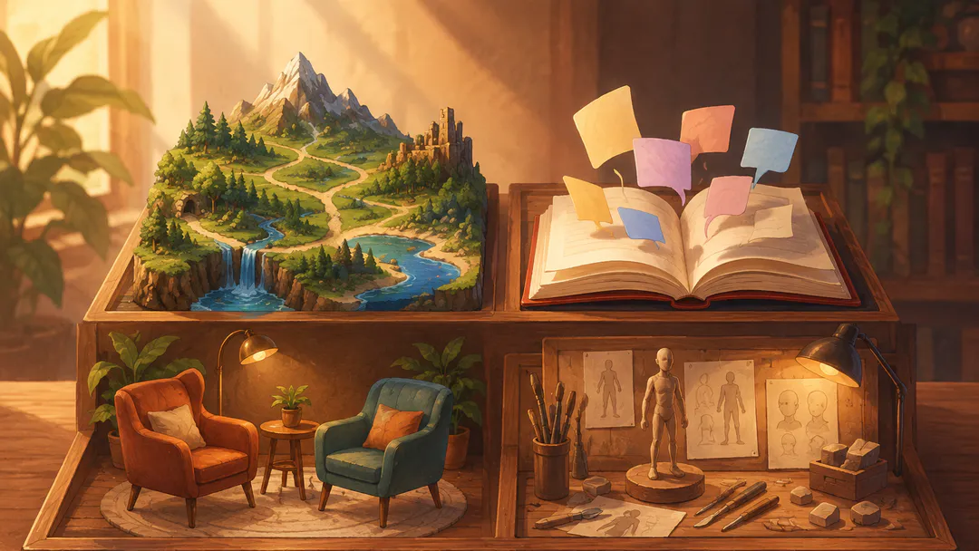 Quatre scènes miniatures représentant l’aventure, les messages guidés par une histoire, la conversation et la personnalisation d’un personnage.